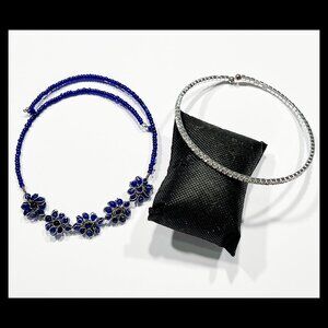 2PC MIXED LOT OF COBALT BLUE BEAD & CLEAR RHINESTONE WRAP CHOKER NECKLACES SET
